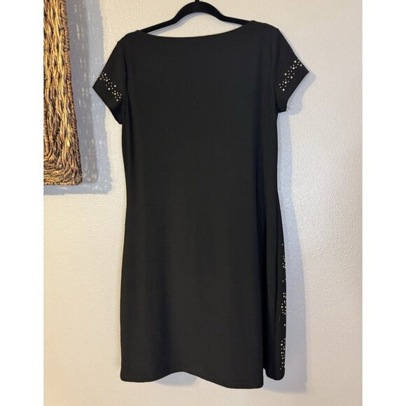 WHBM Dress M Stretch Black Gold Silver Studded Short Sleeve Washable - Picture 8 of 10